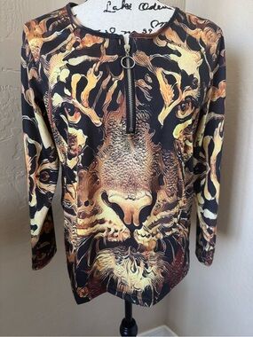 Chaos Monkey Women’s Tiger Print Long Sleeve Top Front Zipper Detail Small